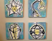 Original Acrylic Abstract Expressionistic Painting Lamps Lighting Blue White Yellow Separate Canvases Desk Lamp Lantern20 x 20
