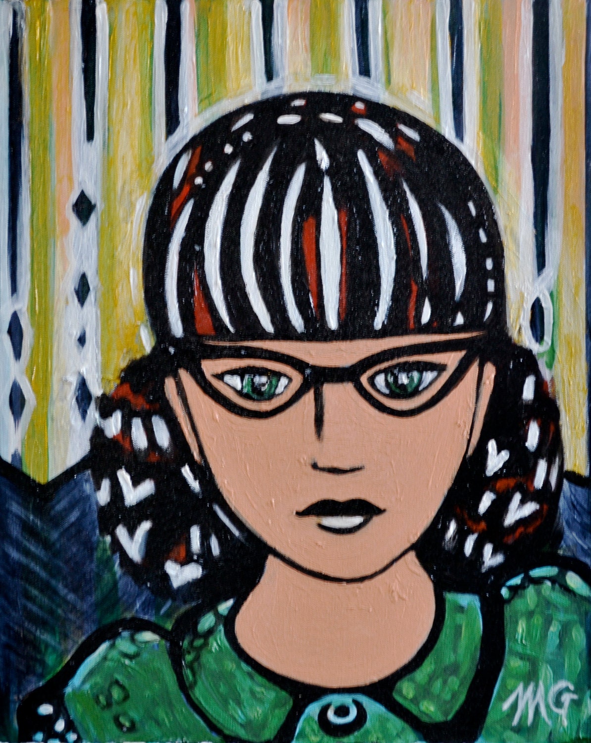 Acrylic Portrait Painting of Graphic Mod Woman "Alice" 16 x 20