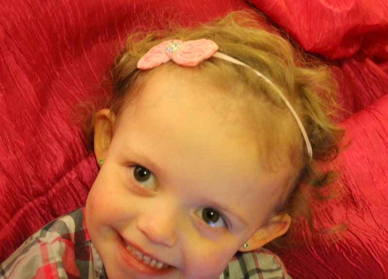 Light pink tiny bow headband-toddler hair accessory-toddler bow- photo prop- rhinestone center-other colors available