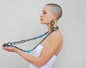 Grey and blue crochet necklace / Turquoise ceramic beads / Stetement fiber necklace / Modern crochet necklace cotton / Ceramic jewelry