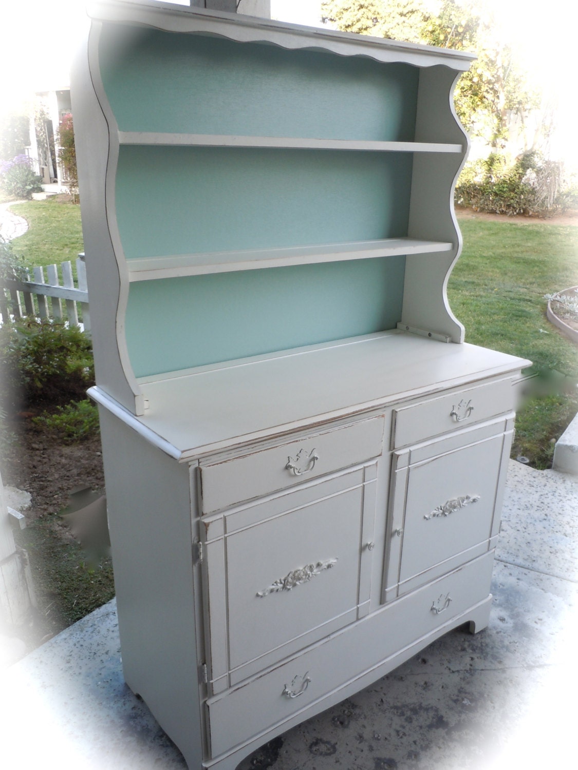 Shabby Chic Hutch Cabinet in White and Tiffany Blue/Country French style