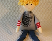 Cloth Boy Doll eco-friendly rag doll, he has bamboo yarn hair and is stuffed with bamboo fiber