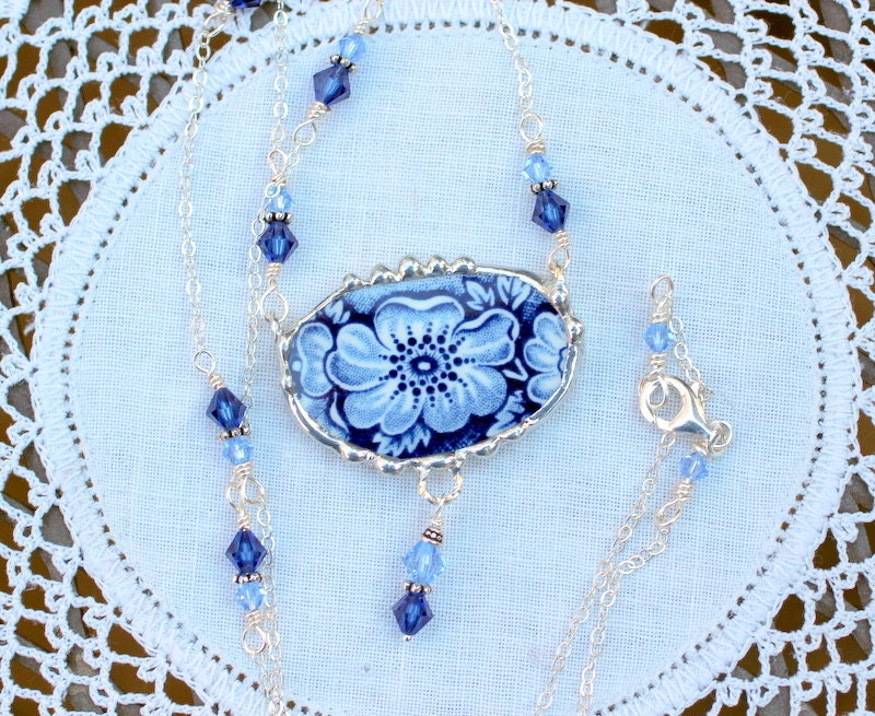 Broken China Jewelry, Oval Pendant Necklace, Blue and White Transferware, Sterling Silver Chain