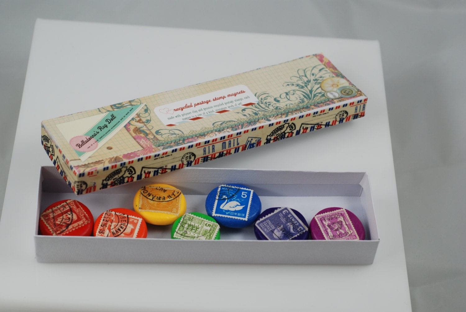 rainbow polymer clay and vintage postage stamp handmade magnet set of 7 round ooak unique quirky office home decor