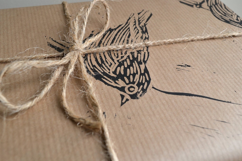 Sparrow Rustic Bird Hand Printed Wrapping Paper - One Sheet