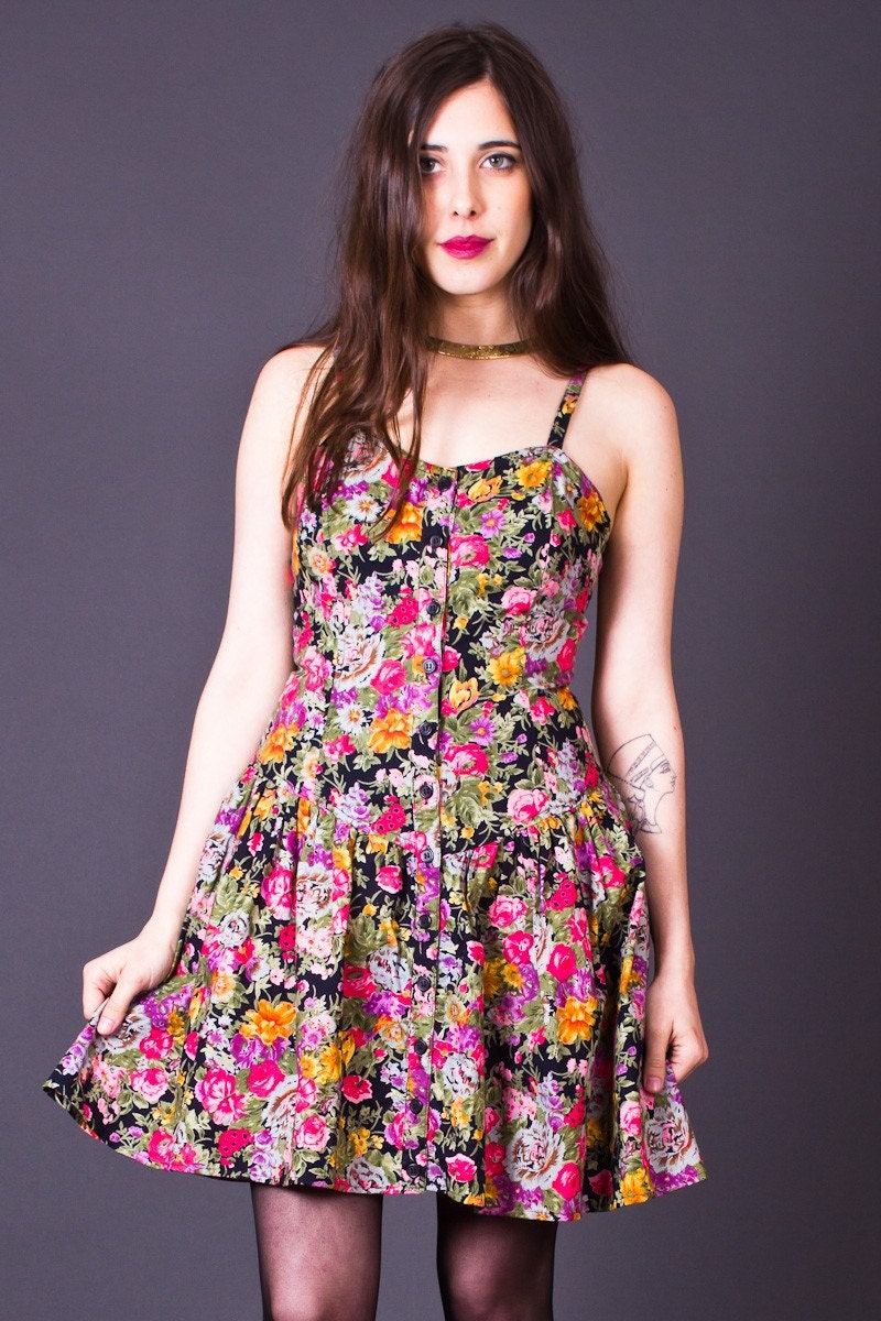 90s Vintage Floral Print Cotton Sundress