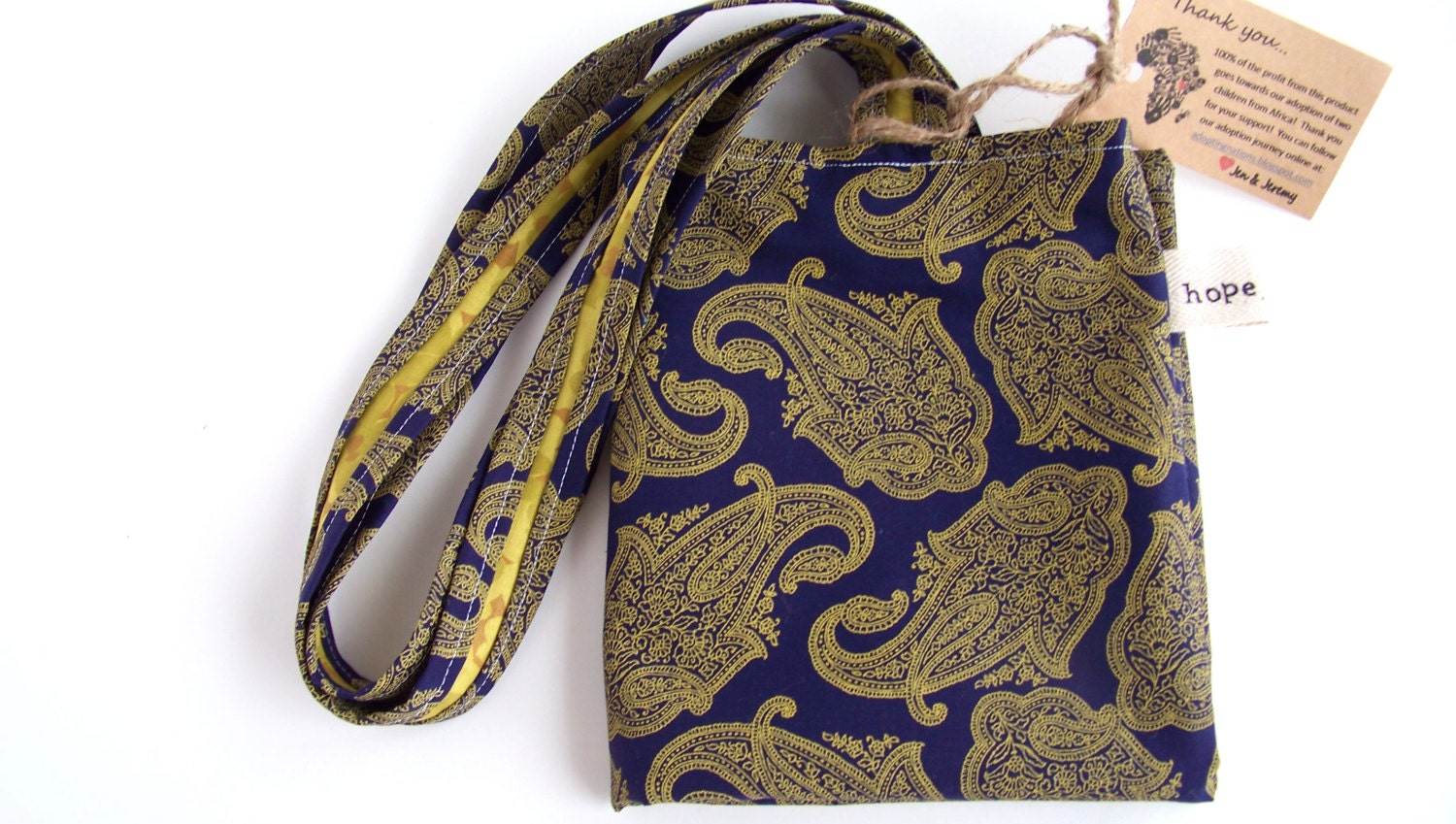 Tote Bag Navy Mustard Gold Paisley Damask Print School Bag Reversible Africa Adoption Fundraiser