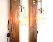 Reclaimed Wood Wall Lamps // Pair of Industrial Sconces // Salvaged Chic Lighting // Chrome Cage Light