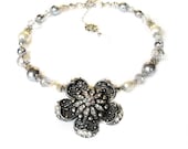 Silver choker flower diamante pendant handmade