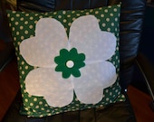 White Clover Green Floral Pillow Cover, vintage fabric Irish shamrock 18 inches St. Patrick's Day lucky felt, vintage button