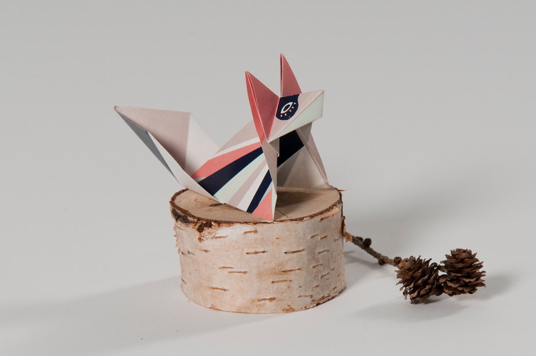 Pack of three folded origami fox with pattern print, packed, Rose, Blue, Beige