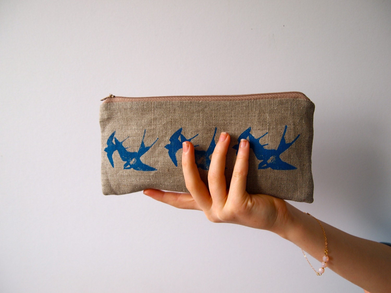 Pencil Case Birds -  Pouch Pencil Case Back to School, Handmade Hand Printed Original Natural 100% Linen