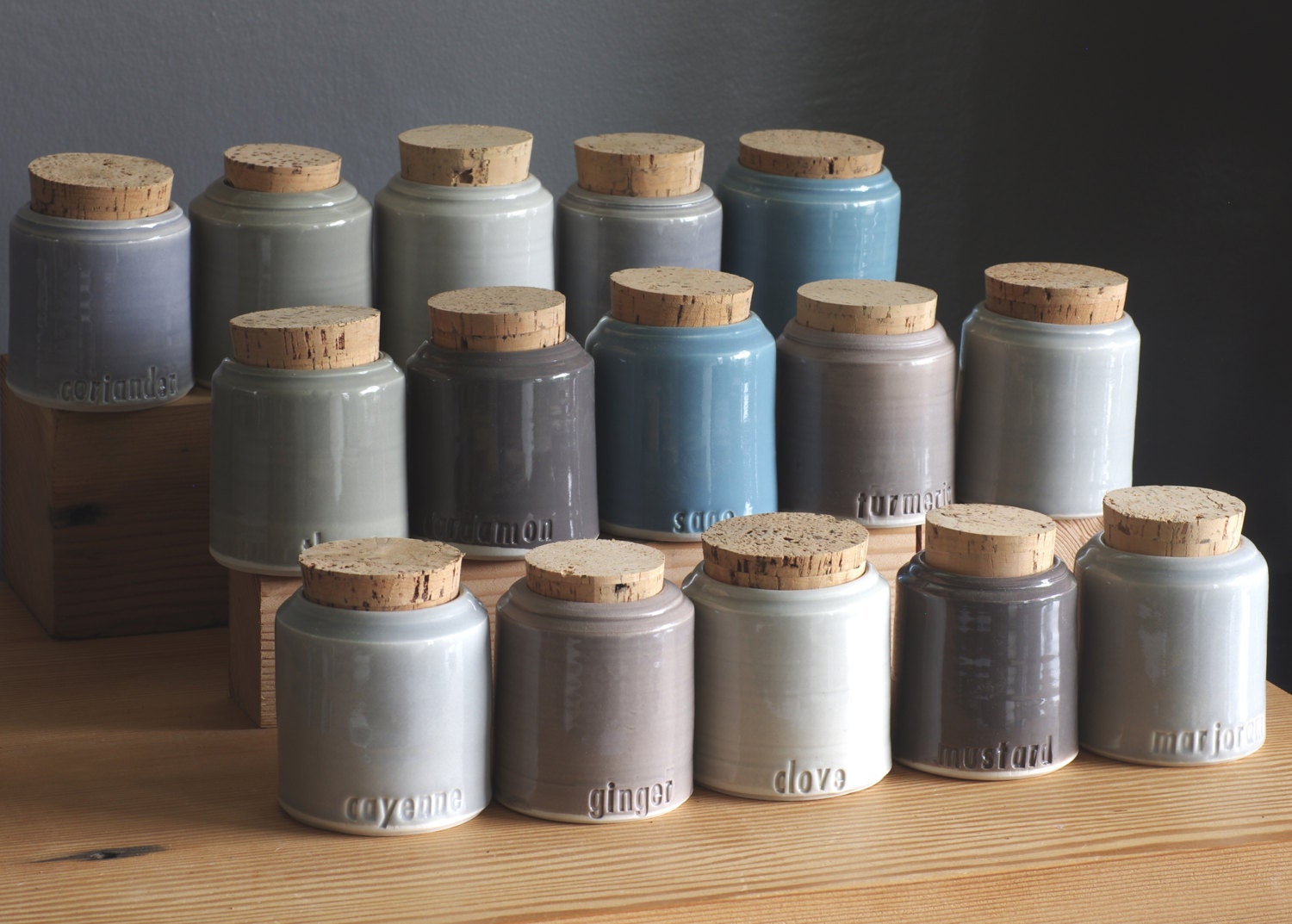MTO 15 custom spice canister set. porcelain lettered bottles. modern pottery minimal design