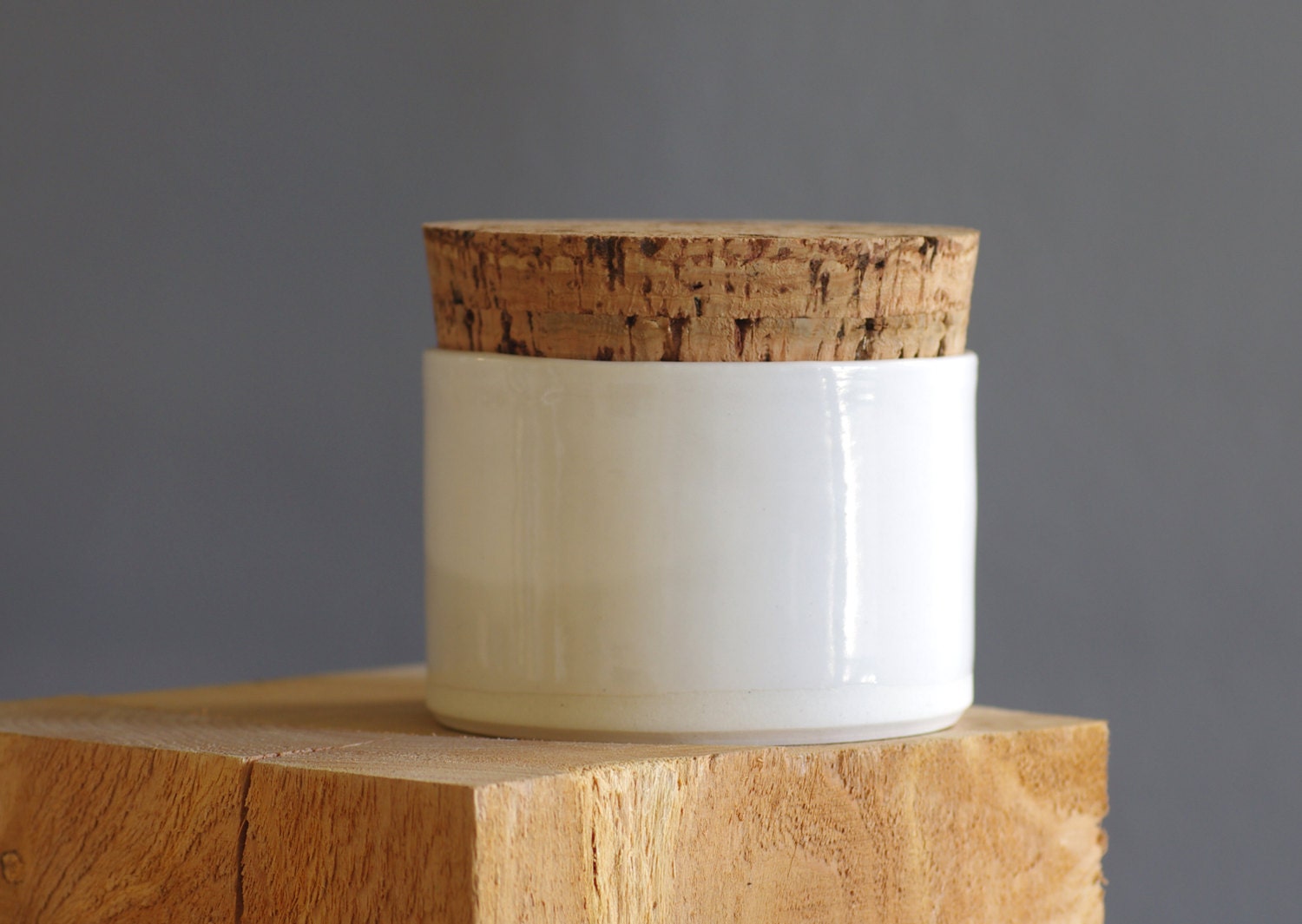 SECOND salt cellar - white porcelain with jumbo natural cork lid. modern minimal ceramic pottery