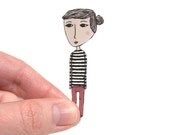 Plastic Brooch - Girl Brooch - Stripe Girl Illustrated Brooch