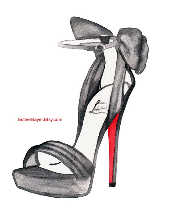 Watercolor Fashion Illustration Christian Louboutin Satin Bow High Heel Shoes