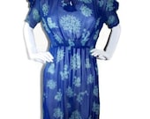 1940's - 30's Sheer Silk  Cobalt Floral Nautical Day Dress- Swing- Sailor