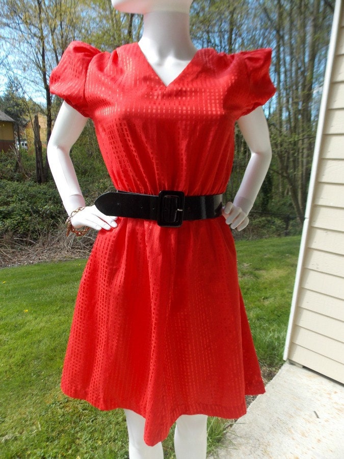 50's Style Red Silk Style Textured V Neck Party  Dress-1980's