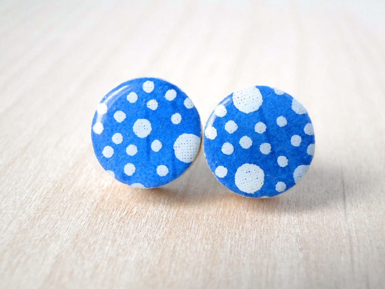 Cobalt Stud EArrings, White Polka Dots, Blue Studs, Blue Earrings, Japanese Chiyogami, Wood studs, Gift under 10, Cobalt earrings