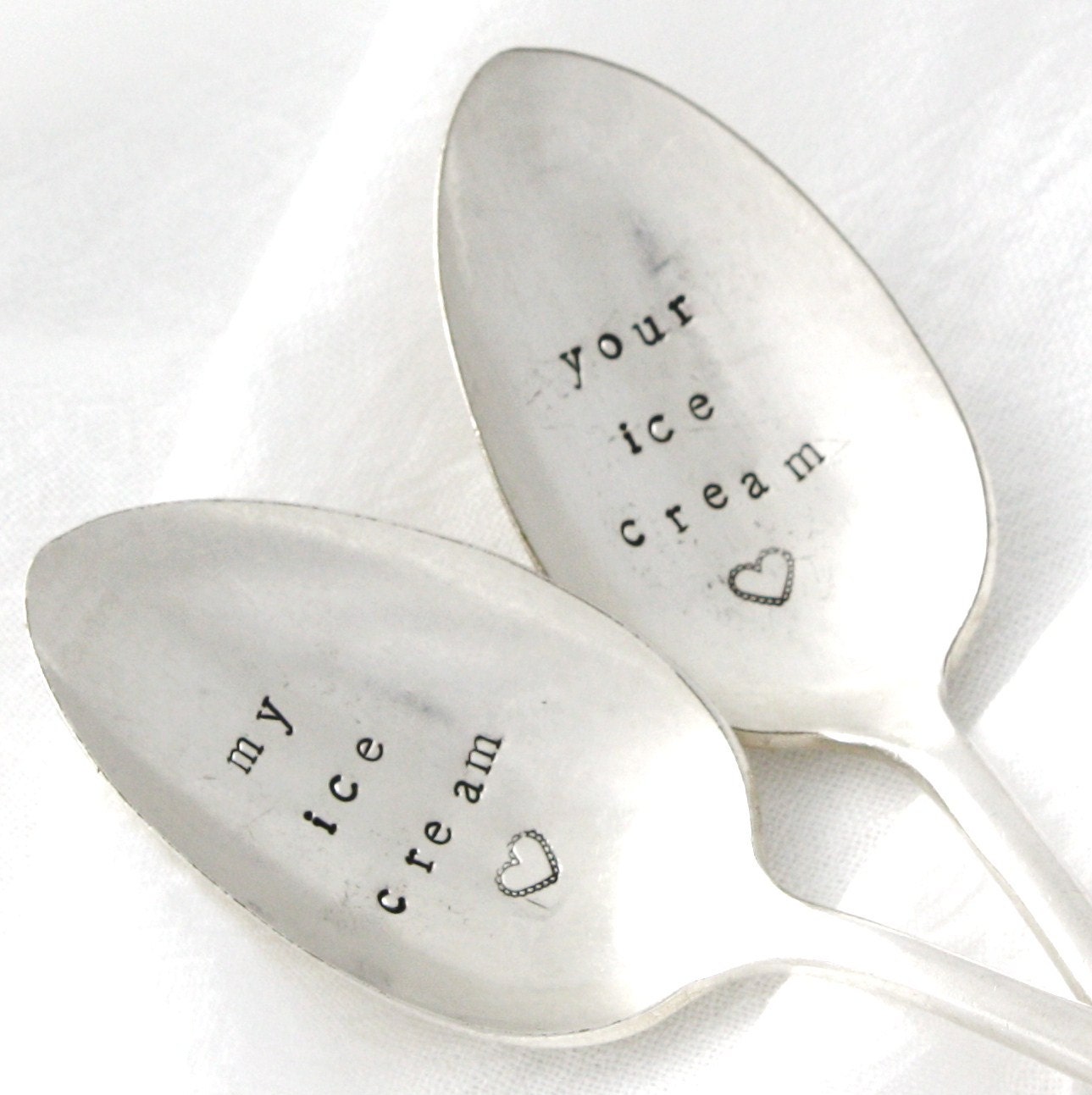 My Ice Cream and Your Ice Cream Spoon, set of 2 vintage hand stamped vintage silver spoons with hearts By MilkandHoneyLuxuries