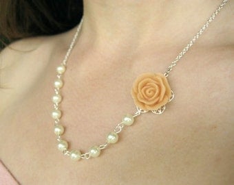 Customizable Bridesmaid Necklace - flower, choose your color, pearls, rose, pink, teal, yellow, green, blue