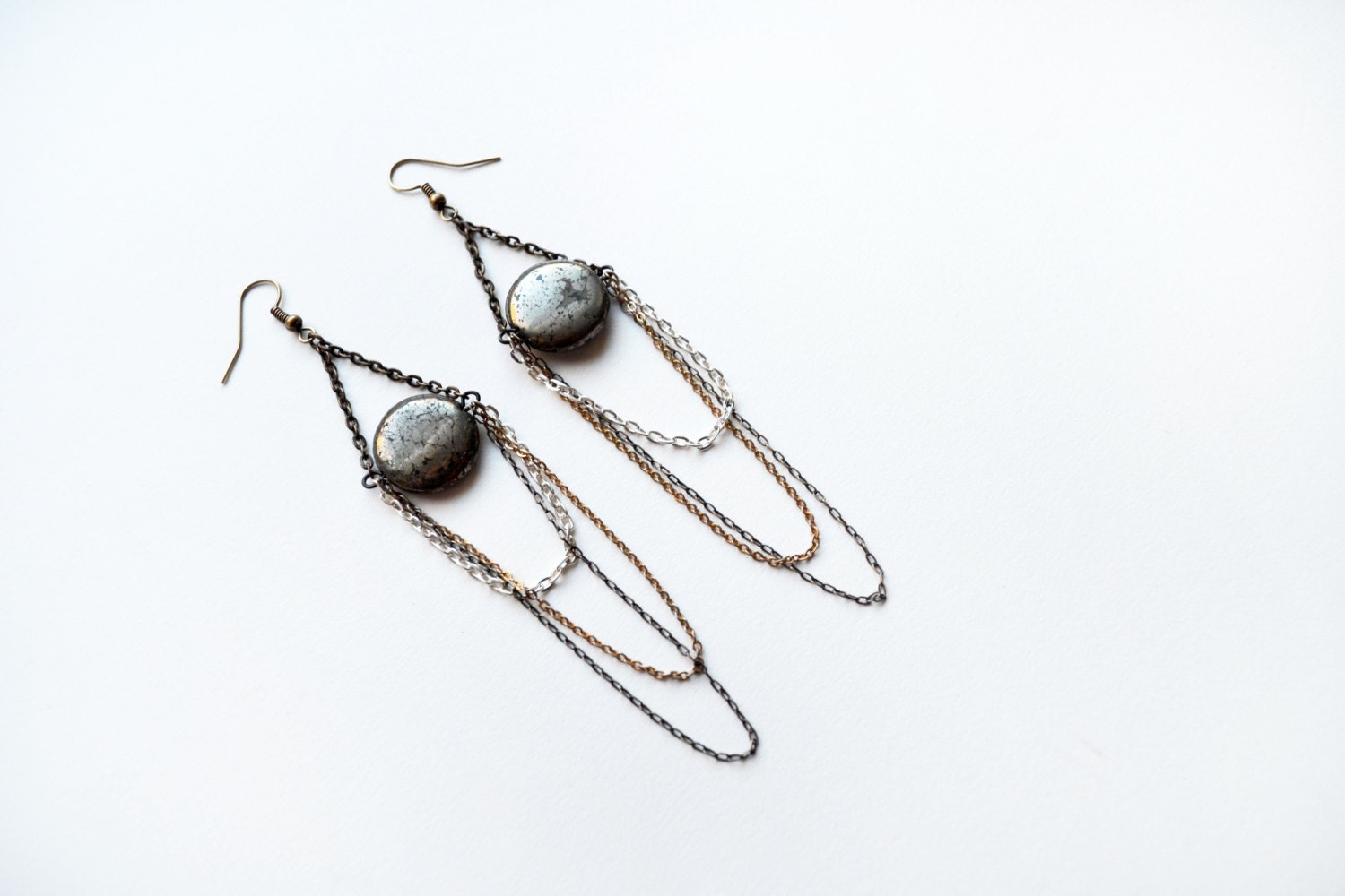 Hematite Chain Dangle Earrings Mixed Metals