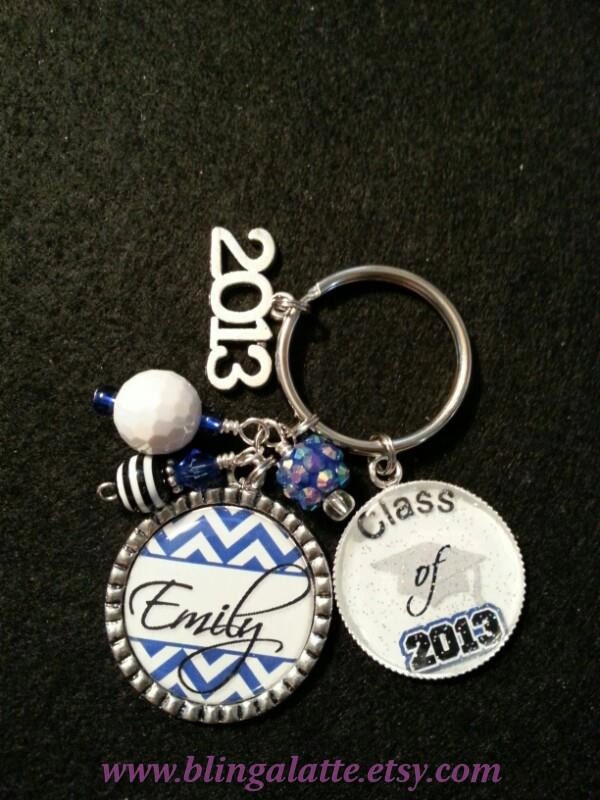 Personalized 2013 Graduation Beaded Double Bezel Pendant Keychain, Blue Chevron, Graduation Gift, Class of 2013