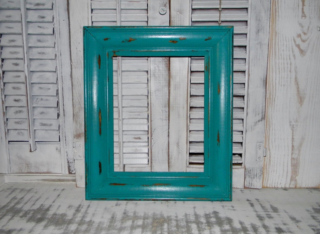Chunky Distressed Picture Frame Upcycled Vintage Wood Frame Turquoise Teal
