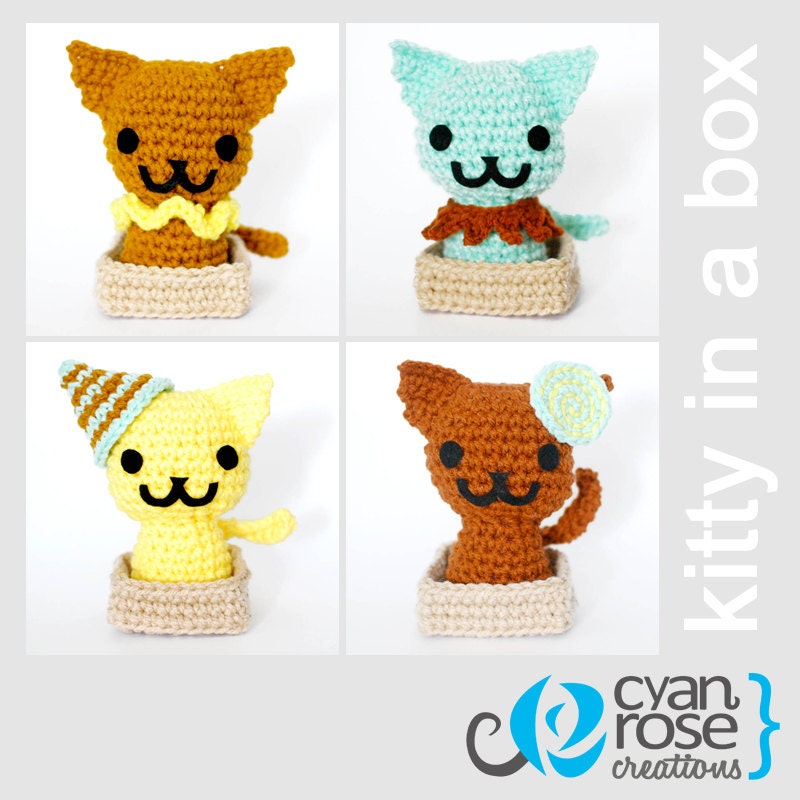 Kitty in a Box - Amigurumi Crochet Plush Cute Kitty - Choose 1 - Clown - Garland - Party Hat - Swirl