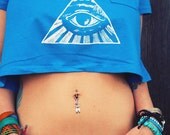 Handmade All Seeing Eye, Crop Top, Tribal Top, Festival, Tee, Aztec, Screenprint, Hippie, Women, Hippie, Bohemian, Evil Eye, Burning Man Top
