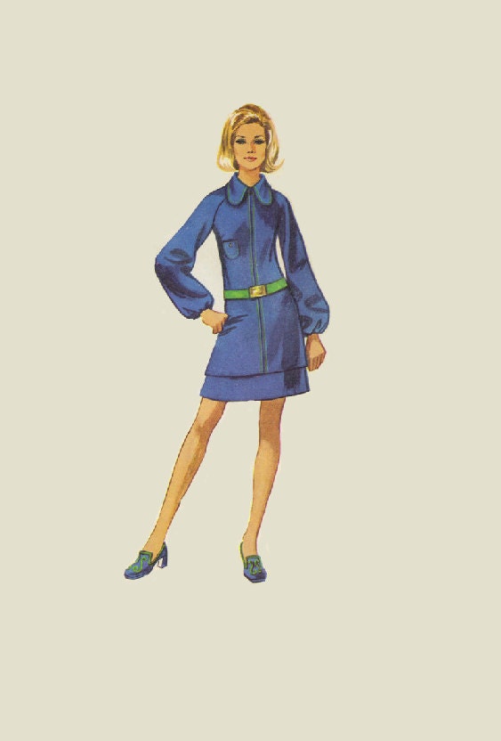 Simplicity Dress Sewing Pattern 1970s Retro Fashion Mini Skirt Jacket Zipper Front Raglan Sleeves Bust 36