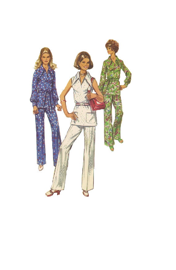 Retro 70s Sewing Pattern Straight Leg Pants Long Sleeve Tunic Wide Pointed Collar Shirt Loose Fit Blouse