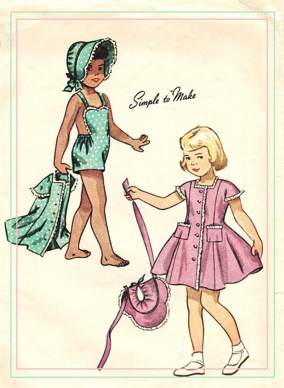 Simplicity 2890 Vintage 40s Toddler girl's Playsuit, Dress and Bonnet hat Mixed Sewing Pattern Size 1 playsuit and Size 2 dress