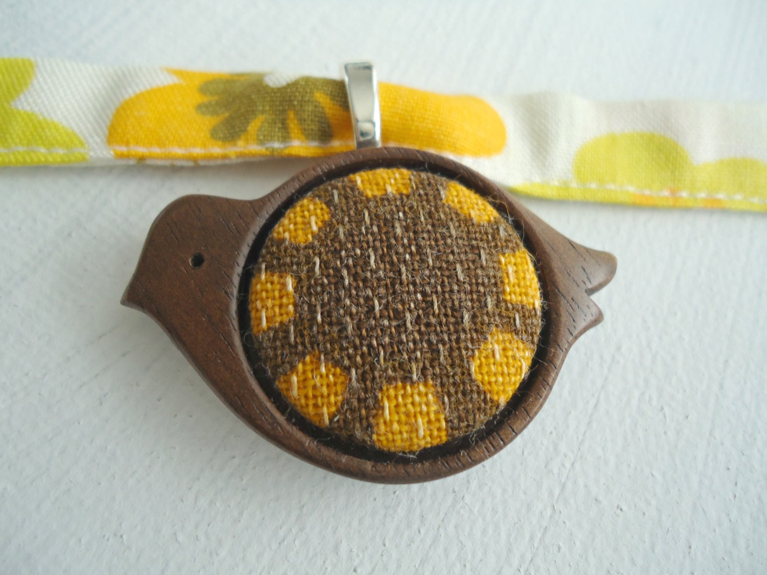 walnut wood and vintage fabric birdie pendant