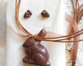Chocolate easter bunny rabbit necklace earrings set -handmade miniature polymer clay food jewelry