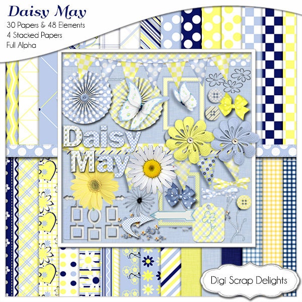 Daisy May Digital Scrapbook Bundle in Navy Blue and Yellow Gingham and Daisy Clip Art, Instant Download