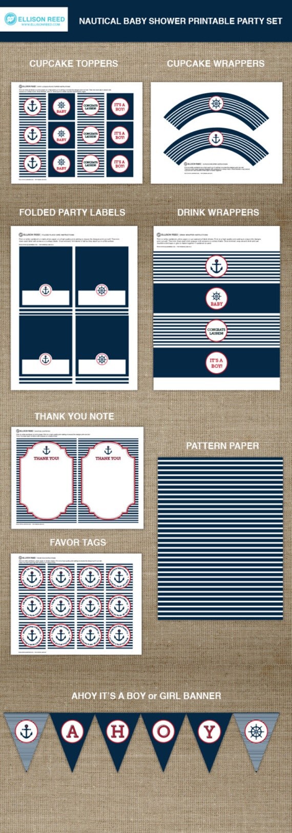 Nautical Baby Shower Printable Party - Anchor - Baby Shower Decorations - AHOY - Banner - Cupcake - Toppers - Favor Tags - Red - Navy Il_570xn