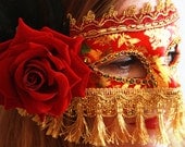 Couture Masquerade Mask  - Red Golden Black Feather Rose Lace Veil - Venetian Masquerade Ball Costume Mask