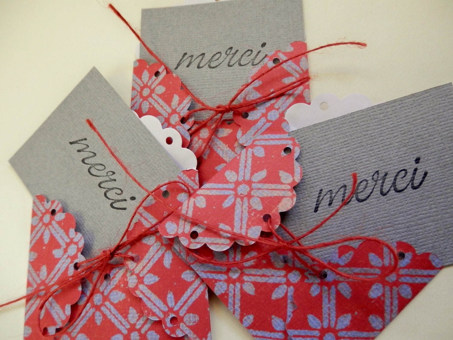 3 Handmade Mini  "MERCI" Cards with Envelopes - Red and Grey