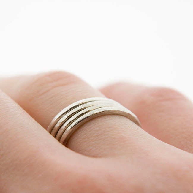 Stacking Silver Ring Set: FOUR Heavily Hammered Argentium Silver Rings, Any Size