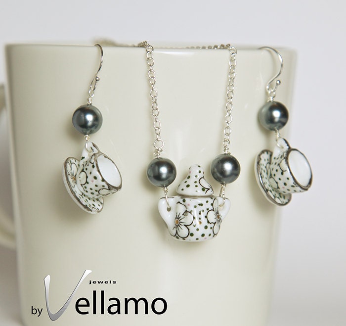 Sterling silver miniature tea set jewelry set, necklace and earrings, delicate sugar pot pendant and teacup earrings, black and white
