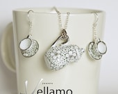 Sterling silver miniature tea set jewelry set, necklace and earrings, delicate tea pot pendant and teacup earrings, black and white