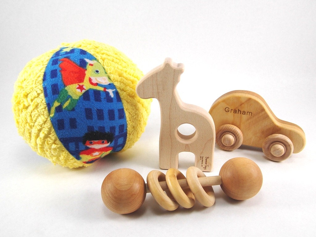 Personalized Organic Baby Shower Gift Set, Gender Neutral, Wooden Rattle and Teether, Soft Rattle Ball and personalized toy car