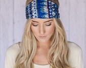 Blue Aztec Print Cotton Headband Hair Wrap with Fabric Covered Elastic Back - Go With The Boho Headband