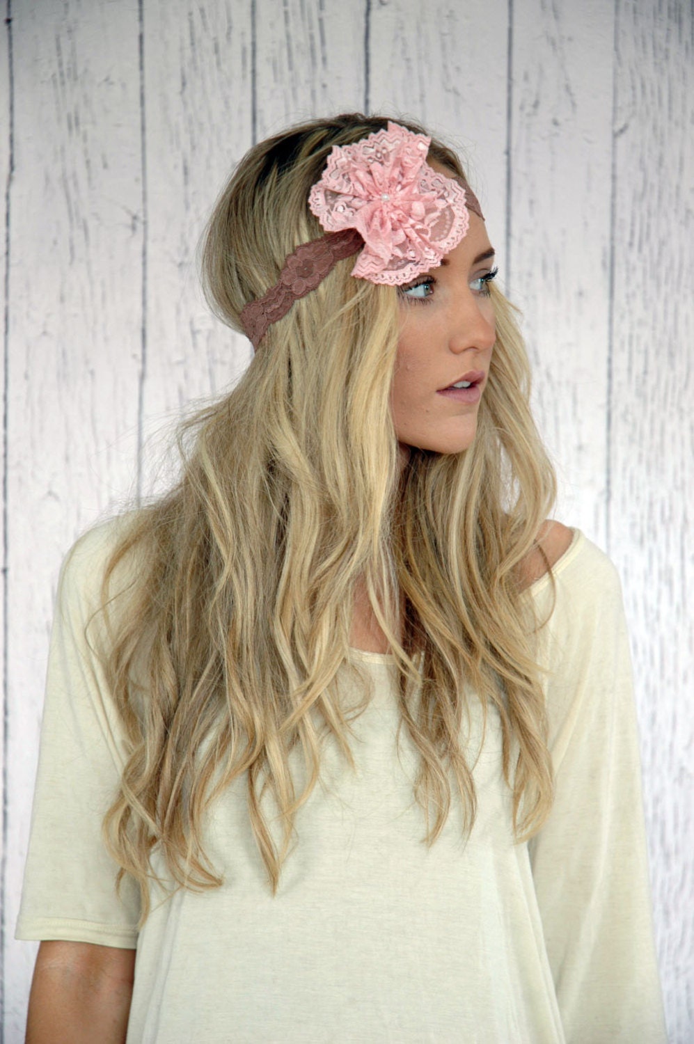 Flower Lace Headband Stretchy Dusty Taupe Lace Headband with Pink Lace Oversized Flower - Mrs. I Do Style