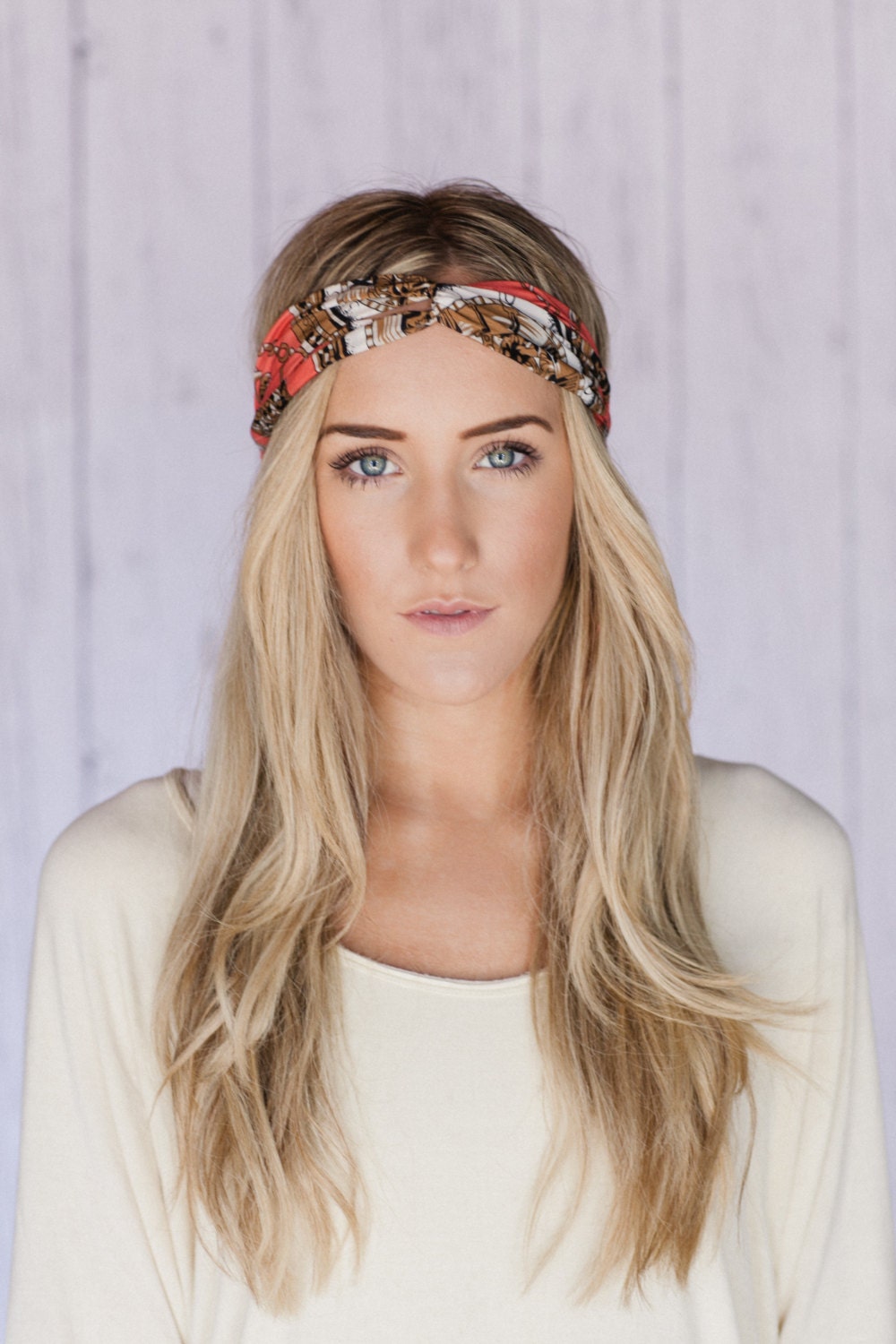 Tangerine Thin Twist Headband with Antique Clock Pattern and Fabric Covered Elastic Back - A Stitch in Time Turband (HB100C)