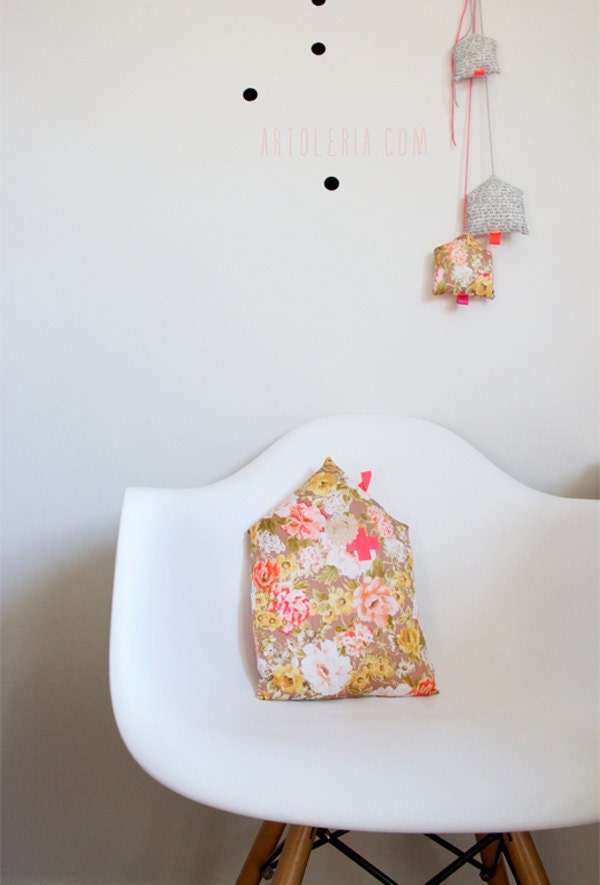 Decorative Cushion house shape in floral vintage fabric cotton