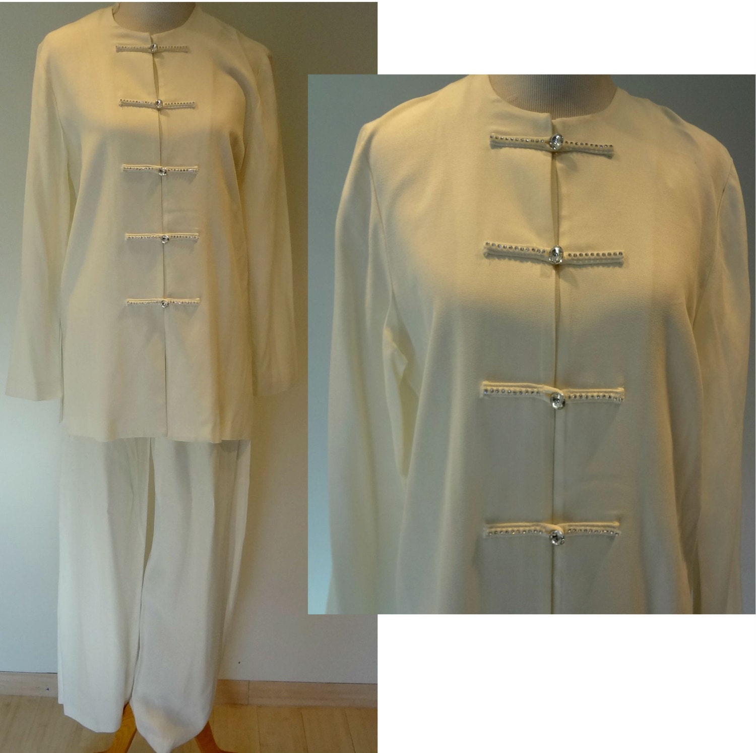 Vintage 1980's White Suit w/ Rhinestones and Crystal Buttons Asian Karen Wong Sz M-L