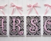 Name Blocks with FABRIC, Nursery Decor, Wooden Wall Hanging Plaques, Personalized, Black and White Damask, 7x9, Wooden Letters,