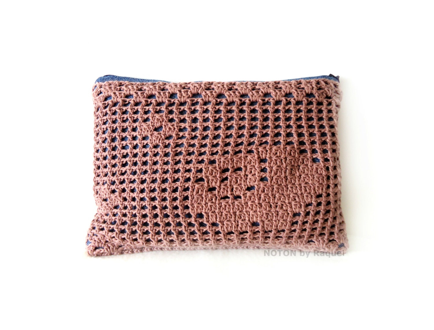 Pink Clutch in Denim and Crochet, woman crochet clutch, womens accessories, boho purse, gifts for her
